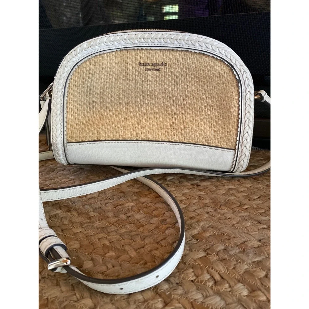 Kate Spade Raffia Straw White Leather‎ Crossbody Bag Woven Summer Resort